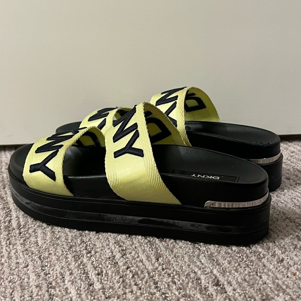 DKNY Black and Lime Slide Sandals